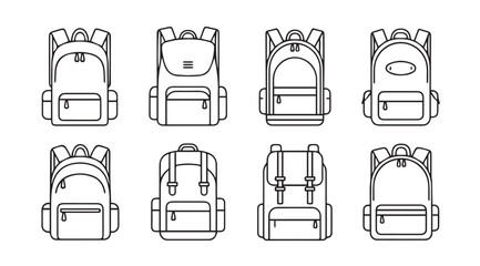 Collection of eight different backpack designs outline style for school and travel use vector © Tanvir