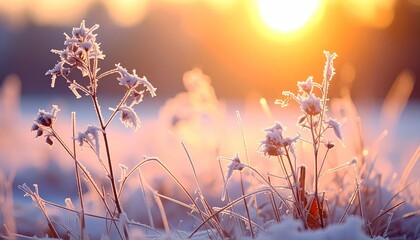 Macro View Of Frost Covered Winter Grass And Seed Heads In Soft Golden Sunrise Light With Pastel Hues And Delicate Ice Crystals