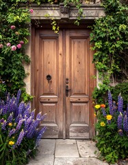 Wooden door adorned with climbing plants and purple lupines, Enticing rustic wooden door surrounded by vibrant blooming plants, evoking tranquility