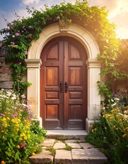 Enchanting Garden Entrance: A Wooden Doorway Adorned with Lush Greenery and Vibrant Flowers, A Verdant Pathway to a Timeless Doorway Embraced by Flowers and Sunlight
