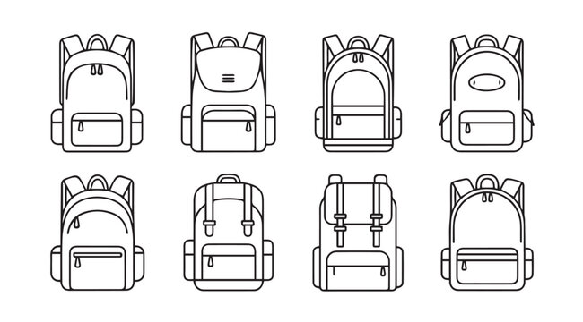 Collection of eight different backpack designs outline style for school and travel use vector