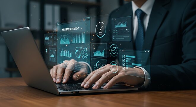 Professional using advanced analytics software on a laptop to manage Key Performance Indicators, evaluate goals, and optimize business operations