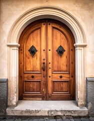Beautiful Wooden Door with Ornate Details, An Ornate Wooden Doorway to a Building with Detailed Stonework