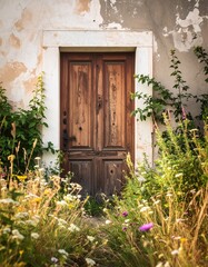 Old Wooden Doorway Surrounded by Wildflowers in a Weathered Stone Wall, Rustic Entrance with Blooming Meadow Leading to a Historic Door