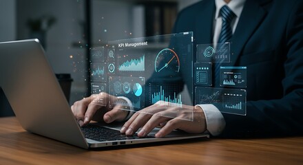 Businessman analyzing KPI data on a futuristic dashboard. Concept of business intelligence (BI), performance metrics, and corporate strategy management