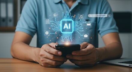 A person interacts with an intelligent virtual assistant on a mobile phone, using a sophisticated UI to access information, media, and communication apps