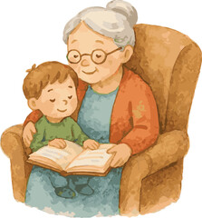 Watercolor vector illustration of a grandparent reading a to a child