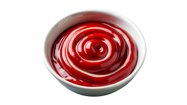 A swirl of bright red ketchup in a white bowl, isolated on transparent background