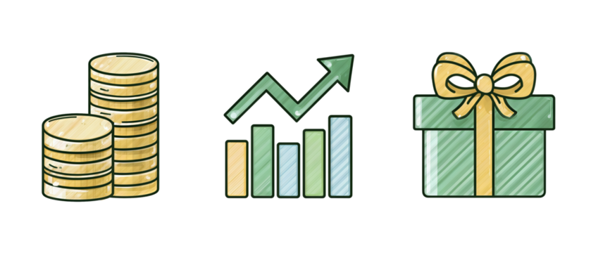 Modern finance triptych showing coins, chart growth, and gift reward symbols, minimalist line style with soft colors, isolated on transparent background
