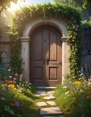 Enchanted Doorway: A Rustic Entrance to a Secret Garden, Whimsical Garden Gate: A Portal to Tranquility and Blooming Beauty