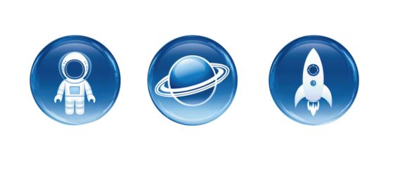 Modern space-themed badge trio featuring astronaut, rocket, and planetary orbit, rendered in clean geometric blue palette, isolated on transparent background
