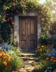 Mysterious Wooden Doorway in Lush Garden, Enchanted Entrance with Floral Archway and Stone Pathway