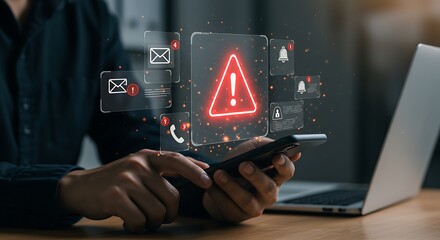 Man holding a phone with a futuristic holographic interface showing a critical error warning, spam notifications, and important security alerts