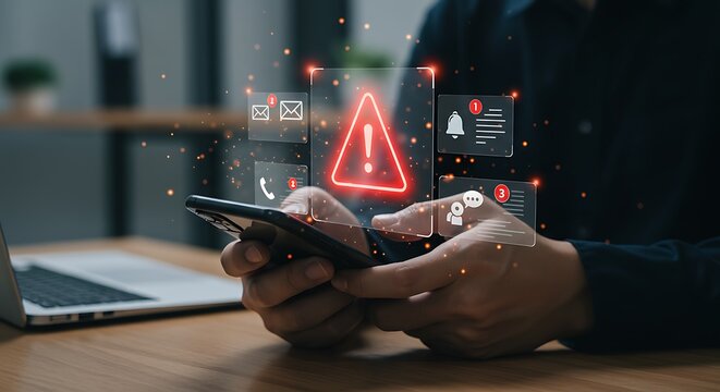 Concept of digital vulnerability and online threats. Hand holding a smartphone displaying a glowing red alert icon amid various application notifications