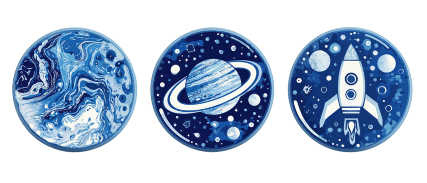 Modern space-themed badge trio featuring astronaut, rocket, and planetary orbit, rendered in clean geometric blue palette, isolated on transparent background
