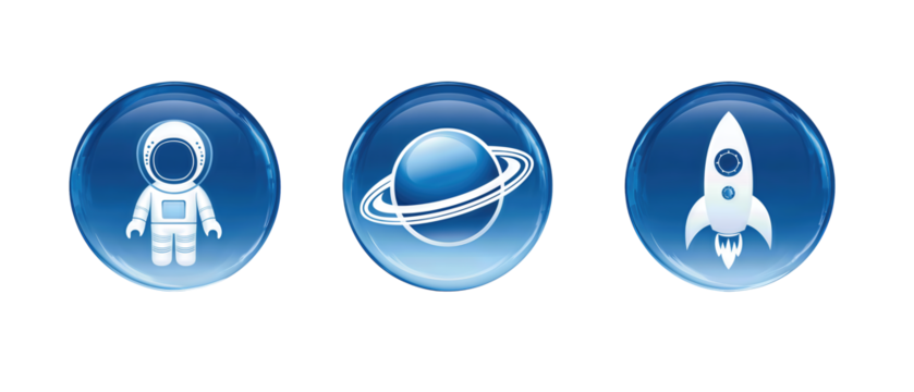 Modern space-themed badge trio featuring astronaut, rocket, and planetary orbit, rendered in clean geometric blue palette, isolated on transparent background
