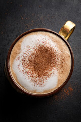 Cappuccino with rich foam and cocoa powder encouraging educational interest in culinary craftsmanship and promoting sustainable coffee practices
