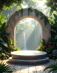 Tropical Paradise with Stone Archway and Waterfall Backdrop, Serene Jungle Scene with Podium and Lush Greenery