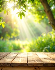 Sunlit Wooden Table in Green Garden Setting, Wooden Table Surface with Lush Green Background and Sunbeams