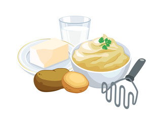 Bowl of mashed potatoes, butter, milk and a potato masher vector illustration. Making mashed potatoes icon set on a white background. Mashed potato, glass of milk, butter on a plate still life