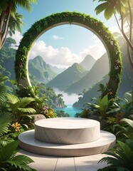Tropical Paradise Product Display: A Lush Green Stage for Elegance, Circular Portal to a Scenic Mountain Landscape with a Product Podium