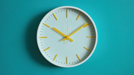 A minimalist white clock with yellow hands and markers hangs against a teal background;  simple design, clean lines, and a modern aesthetic