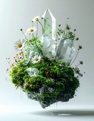 Tranquil Garden of Crystals and Moss: A Floating Oasis,Ethereal Quartz and Botanical Harmony: A Miniature World in Suspension