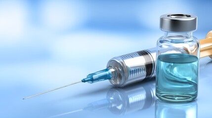 Medical Syringe and Vial Containing Blue Vaccine Liquid on a Reflective Blue Background.