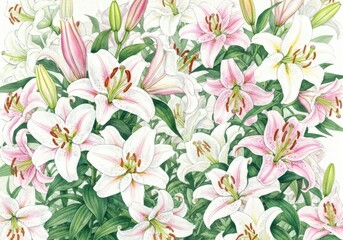 Beautiful Lily Flowers Illustration with Pink and White Petals on a Soft Background