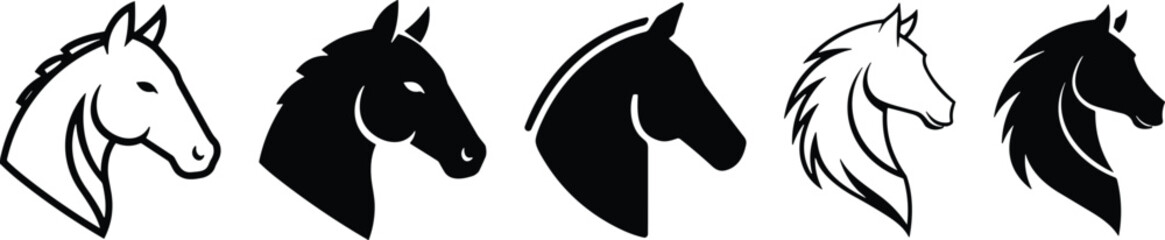 Stylized horse head silhouette set featuring five artistic variations in black and white with dynamic mane and elegant profiles © rakib's world