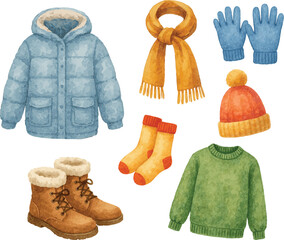 Collection of watercolor painted vector winter clothes