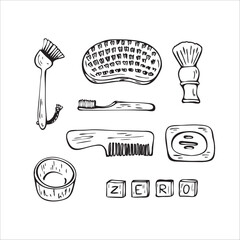 Zero Waste eco friendly items. Hand drawn vector elements in doodle style
