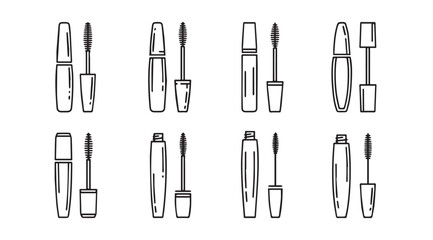 Set of stylized mascara tubes and wands in a clean line art design showcasing beauty products vector