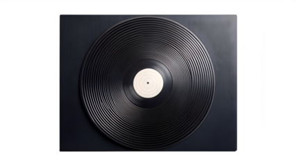 A vintage black vinyl record with a white label, displayed on a dark textured surface, evoking nostalgia and the golden age of music isolated on transparent background