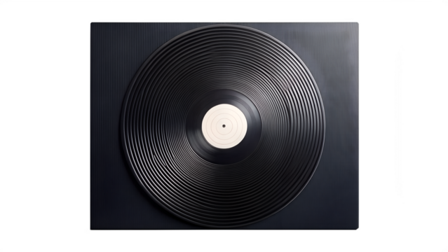 A vintage black vinyl record with a white label, displayed on a dark textured surface, evoking nostalgia and the golden age of music isolated on transparent background