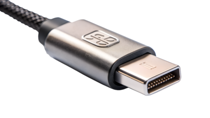 Close up of a silver thunderbolt 3 usbc cable connector isolated on transparent background