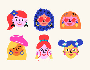 Illustration of girls' faces on a light beige background.