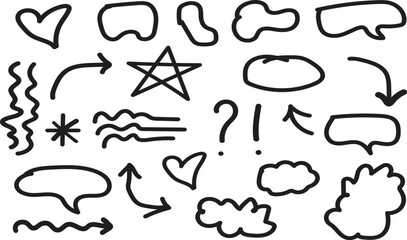 Brush art , drawing of varoius kind of icon like stars, Question marks,love, arrow, emoji,smile,sad etc icon bundle drawing with stroke line art style,vector art.