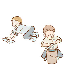 雑巾がけをする人たち