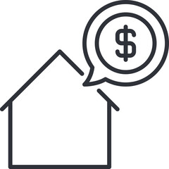 Line art icon of a house with a dollar sign in a speech bubble above representing real estate investment or home ownership cost