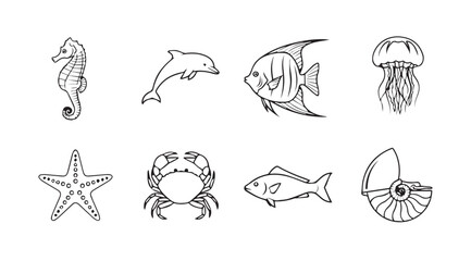Collection of hand drawn sketch style sea creatures dolphin seahorse fish jellyfish crab starfish nautilus vector © Tanvir