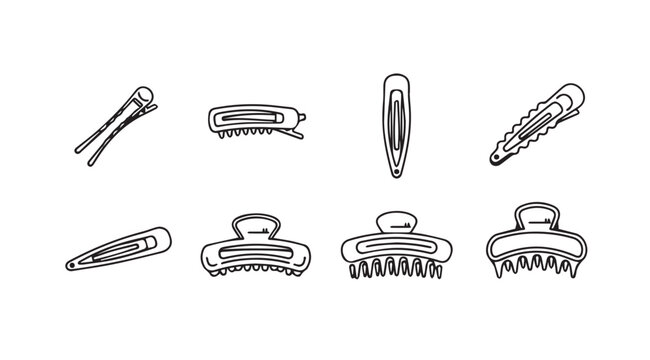 Collection of various hair clips and styling accessories isolated hand drawn elements vector