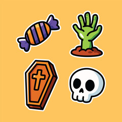 Fun Halloween Elements Illustration with Coffin, Skull, Zombie Hand, and Candy