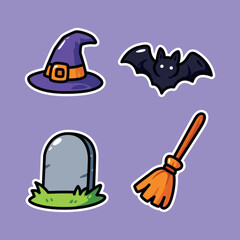 Halloween Illustration with Witch Hat Flying Bat Broomstick and Gravestone