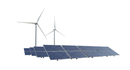 Two white wind turbines, behind a row of blue solar panels, isolated on white or transparent background. PNG