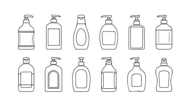 Collection of hand drawn soap dispenser bottles for personal care products and hygiene vector