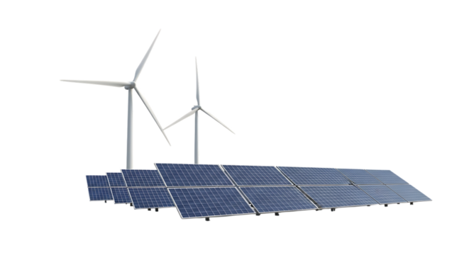 Two white wind turbines, behind a row of blue solar panels, isolated on white or transparent background. PNG