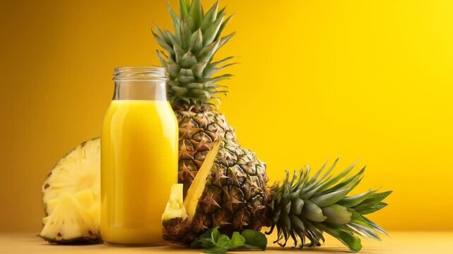 Freshly squeezed pineapple juice in a clear glass bottle, surrounded by sliced pineapple pieces.