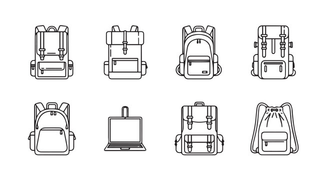 Collection of eight stylized line art drawings of various backpacks and a bagpack for hiking and travel vector