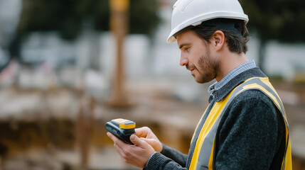 Surveyor using a 3D scanner on a new foundation, smart infrastructure mapping, engineering innovation in scanning tech, construction technology accuracy, sustainable design foundat